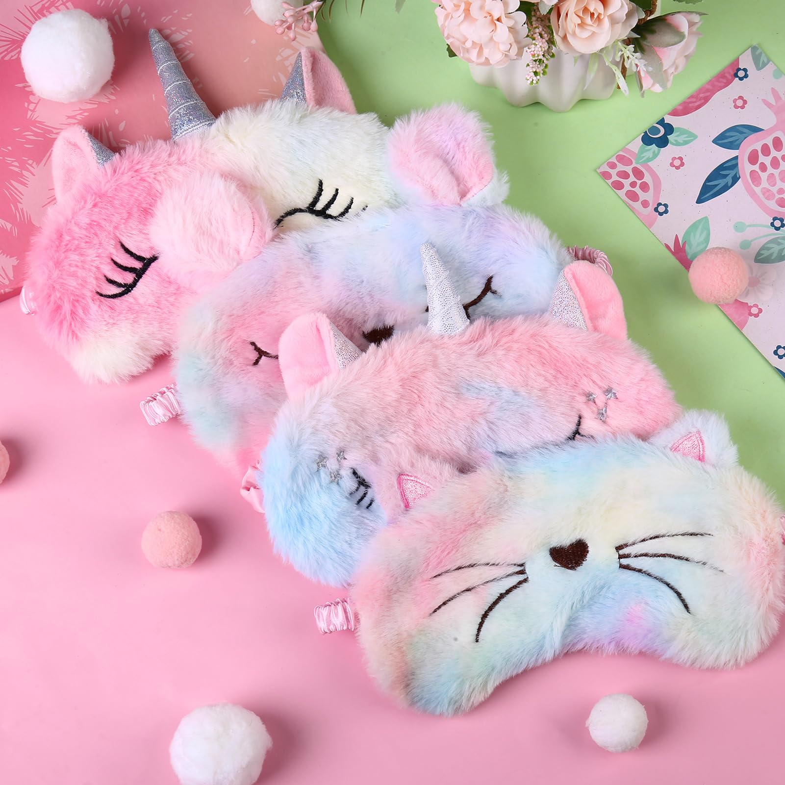 Mascherina Per Dormire A Forma Di Gatto Per Bambini E Ragazze | 2 Pezzi, Morbida Peluche, Regolabile, Per Viaggi E Pigiama Party