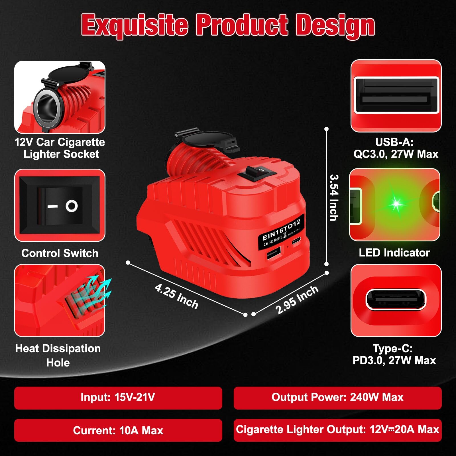 Step Down - Convertidor de batería para Einhell (18 V a 12 V) | Fuente de alimentación de 240 W para dispositivos de vehículo para nevera de coche, cargador USB Type-C