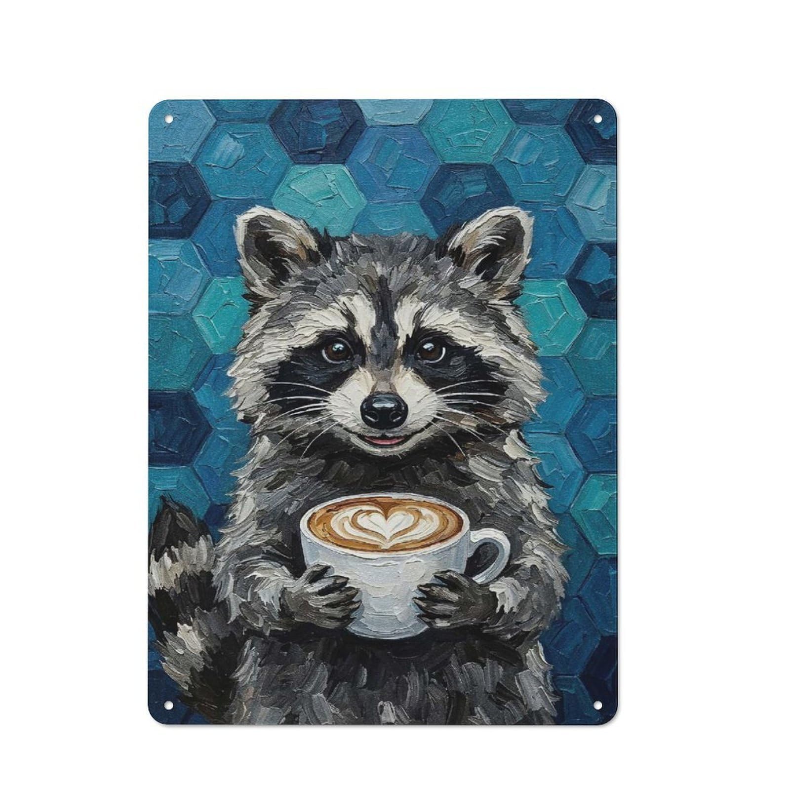 Junmoney Style-14 Industrial Metal Sign With Raccoon With Coffee Painting Design 40X30cm, Modern Retro Loft Wall Plaque For Workspace, Cafe, Hallway Or Garage