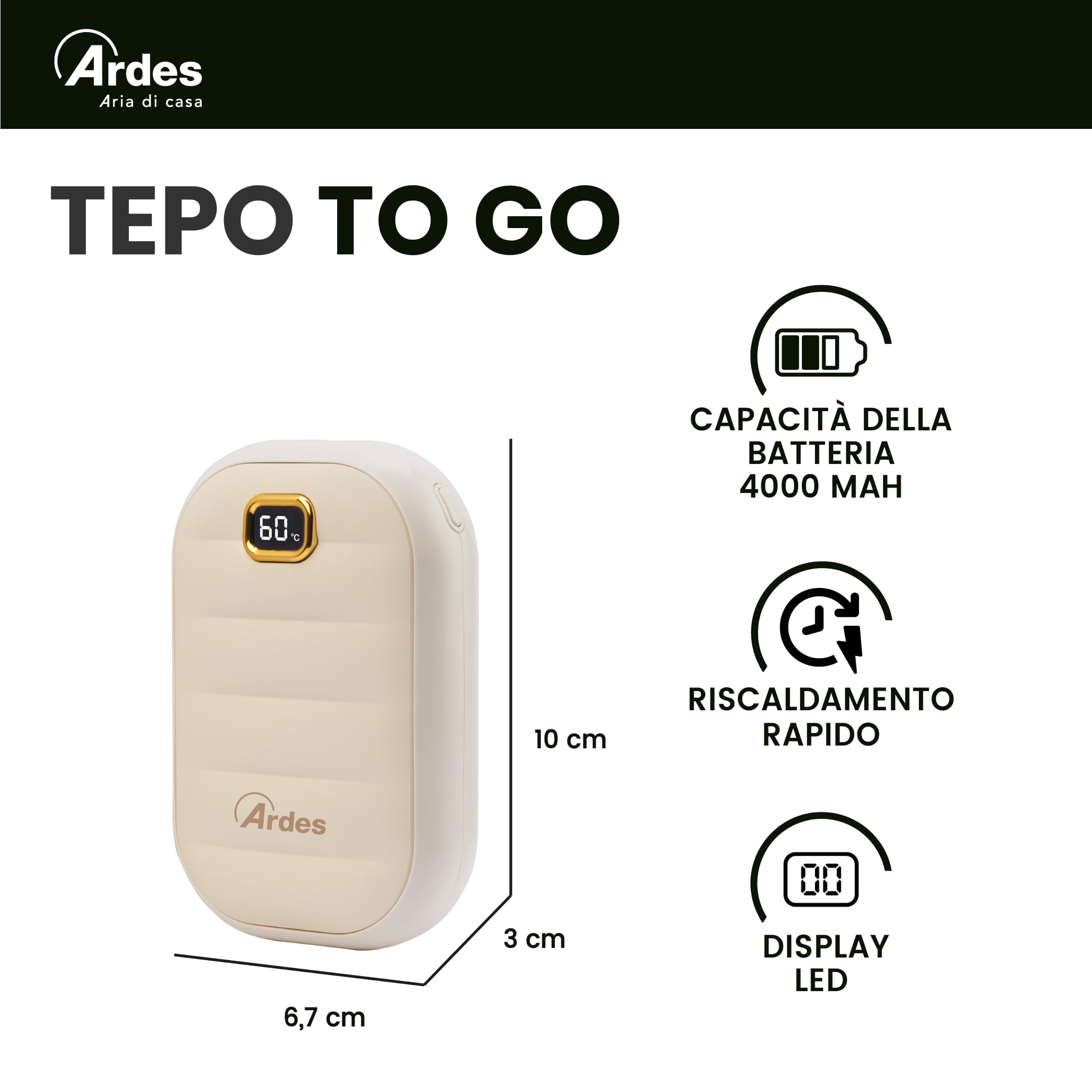 Ardes AR080 Scaldamani Elettrico Portatile, Scaldino Ricaricabile Powerbank 4000 mAh, USB Riutilizzabile Riscaldatore, 4 Livelli di Calore, Scalda Mani Tascabile