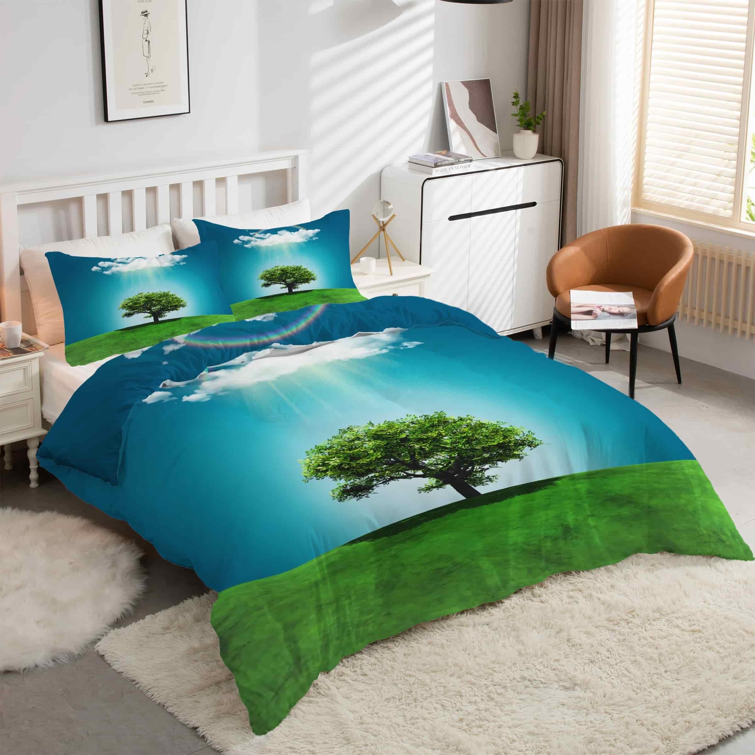 Housse de couette 220x240 sans repassage à fermeture éclair parure arbre nuages blancs