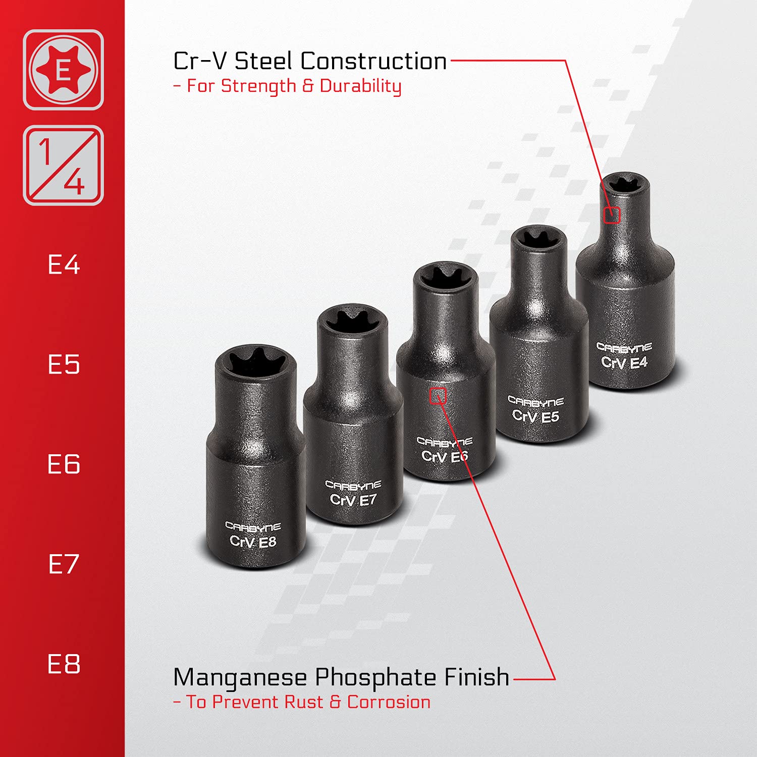 CARBYNE Juego de llaves Torx externas de 13 unidades, E4 a E24 | Acero cromo vanadio, 1/4", 3/8" y 1/2"