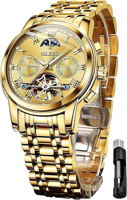 OLEVS Mens Watch Automatic Mechanical Winding Moon Phase Stainless Steel Two Tone Date Waterproof Luminous