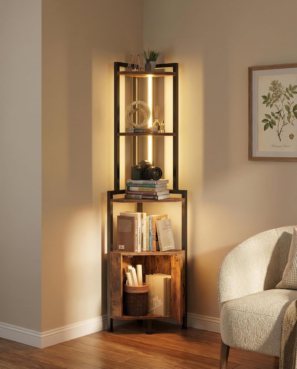 5-Tier LED Corner Cabinet Shelf - Rustic Brown Space-Saving Storage Organizer with Ambient Lighting, Freestanding Modern Farmhouse Shelf for Small Spaces