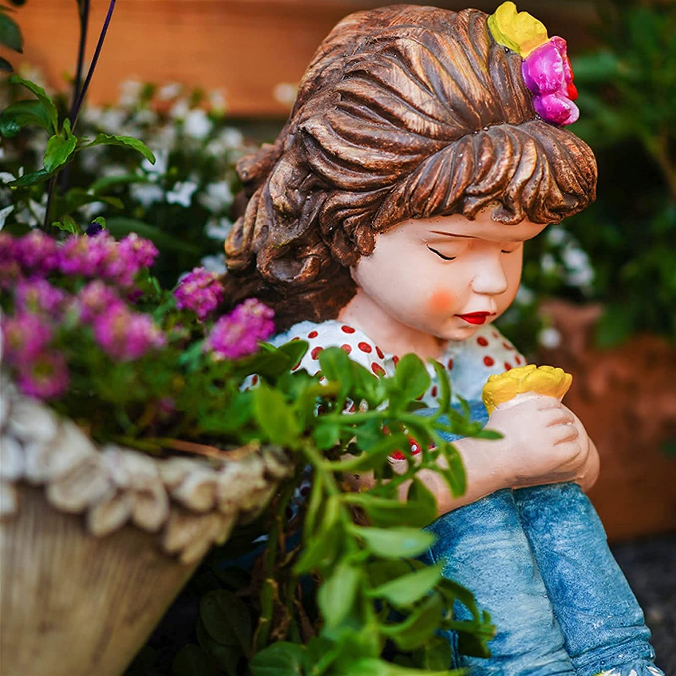 Figurka na zewnątrz patio ozdoba rustykalna siedząca dziewczyna statuetka na balkon ogród ozdoba, 34 cm wysokości