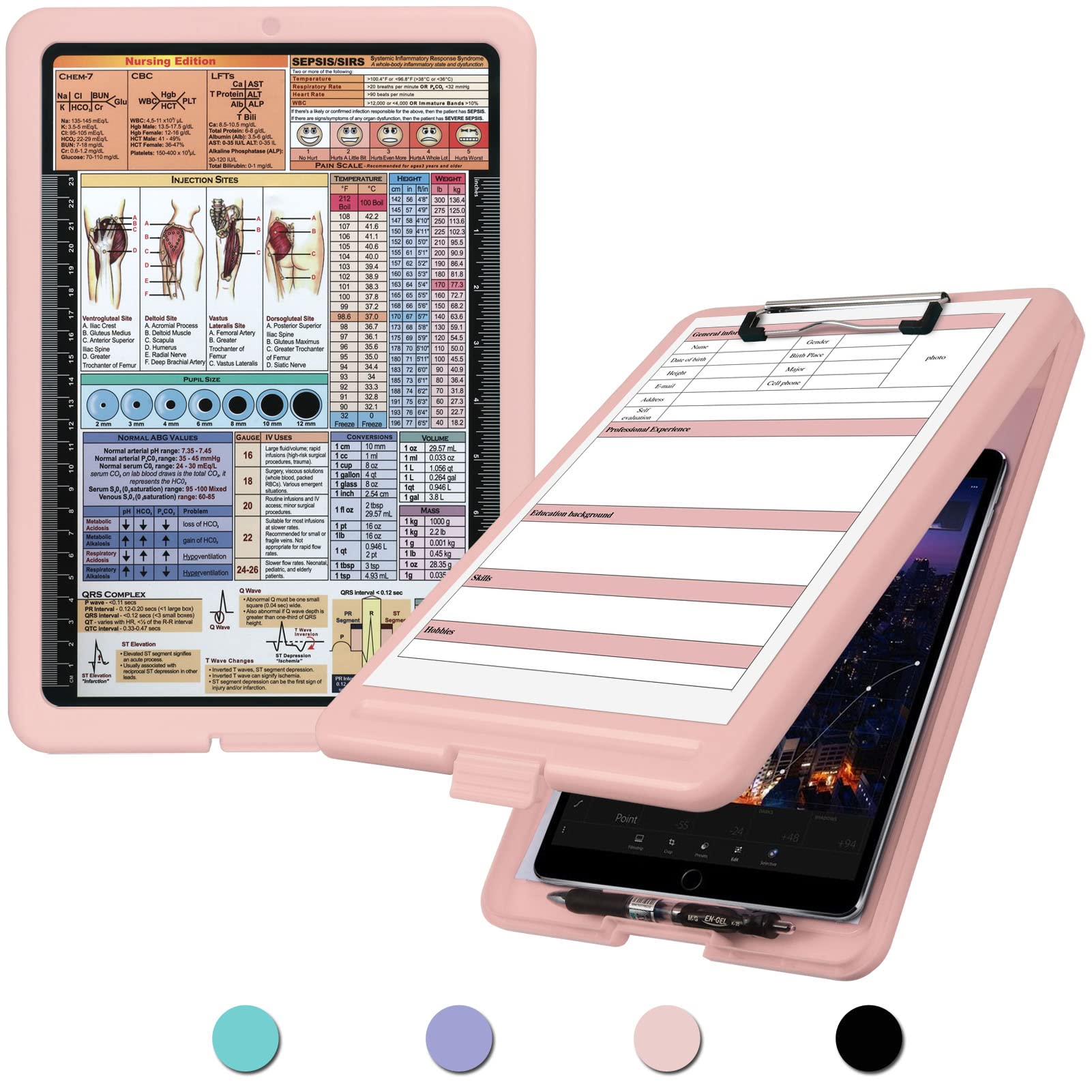 Nursing Clipboard with Storage, Storage Clipboard High Capacity, Colorful Medical Clipboard w/ Medical Cheat Sheet, Heavy Duty Clipboard Folder w/ Low Profile Clip for Nursing School&Student (Pink)