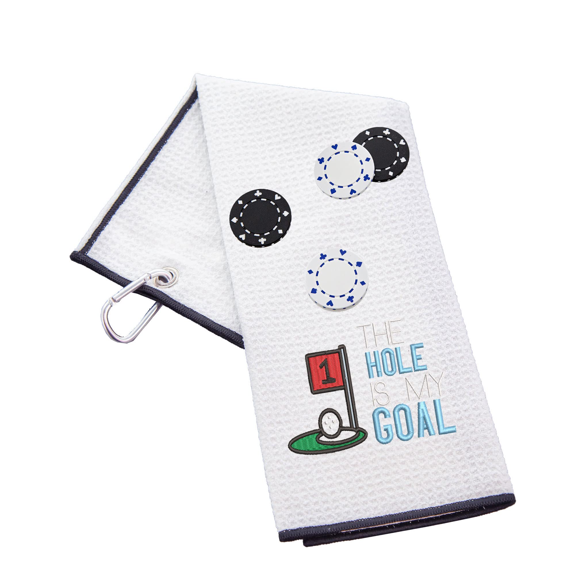 Funny Trifold Golf Towel and Poker Chip Marker Set Gift for Men, Carabiner Clip for Golf Bags, Hole is my Goal, Waffle White