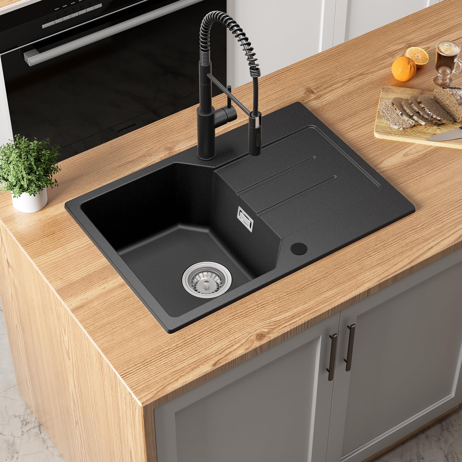 ANYCEE 65x45cm Fregadero Cocina 1 Seno con Escurridor, Fregadero Granito Negro para Armario bajo de Más de 40cm, Fregadero Negro 1 Seno con 80% de Arena de Cuarzo, Desbordamiento y Sifon