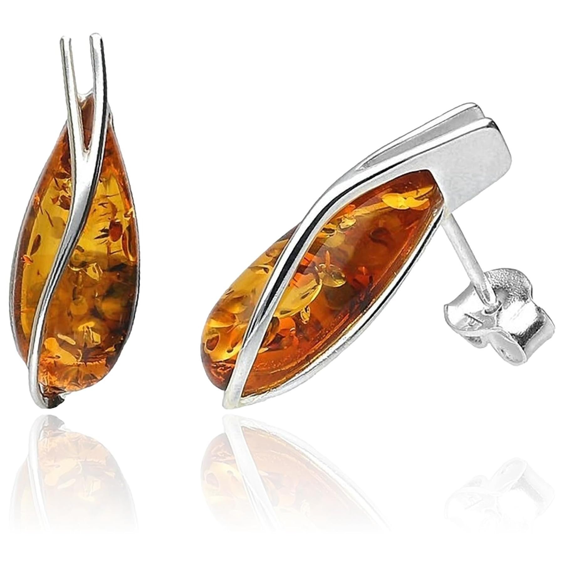 Sponsored Ad – Small Teardrop Cut Baltic Amber Sterling Silver Drop Stud Earrings for Women Ladies Girls - Modern Contemporary Amber Ear Studs - Honey Cognac Orange Amber/Green Amber