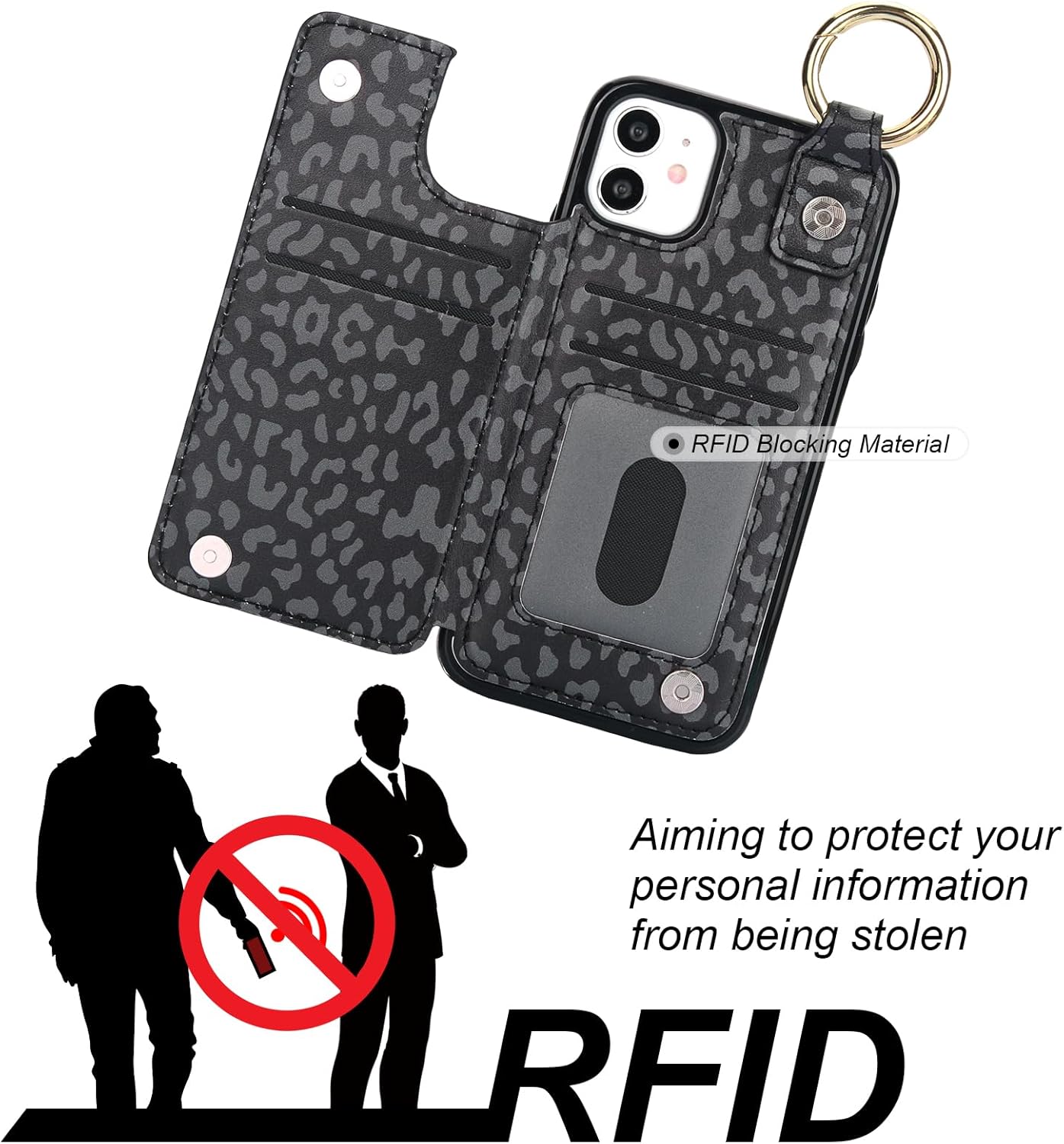 HAOPINSH for iPhone 11 Wallet Case with Card Holder, Black Leopard Cheetah Print Back Flip Folio PU Leather Kickstand Card Slots Case, Finger Grip Ring Double Magnetic Clasp Shockproof 6.1"