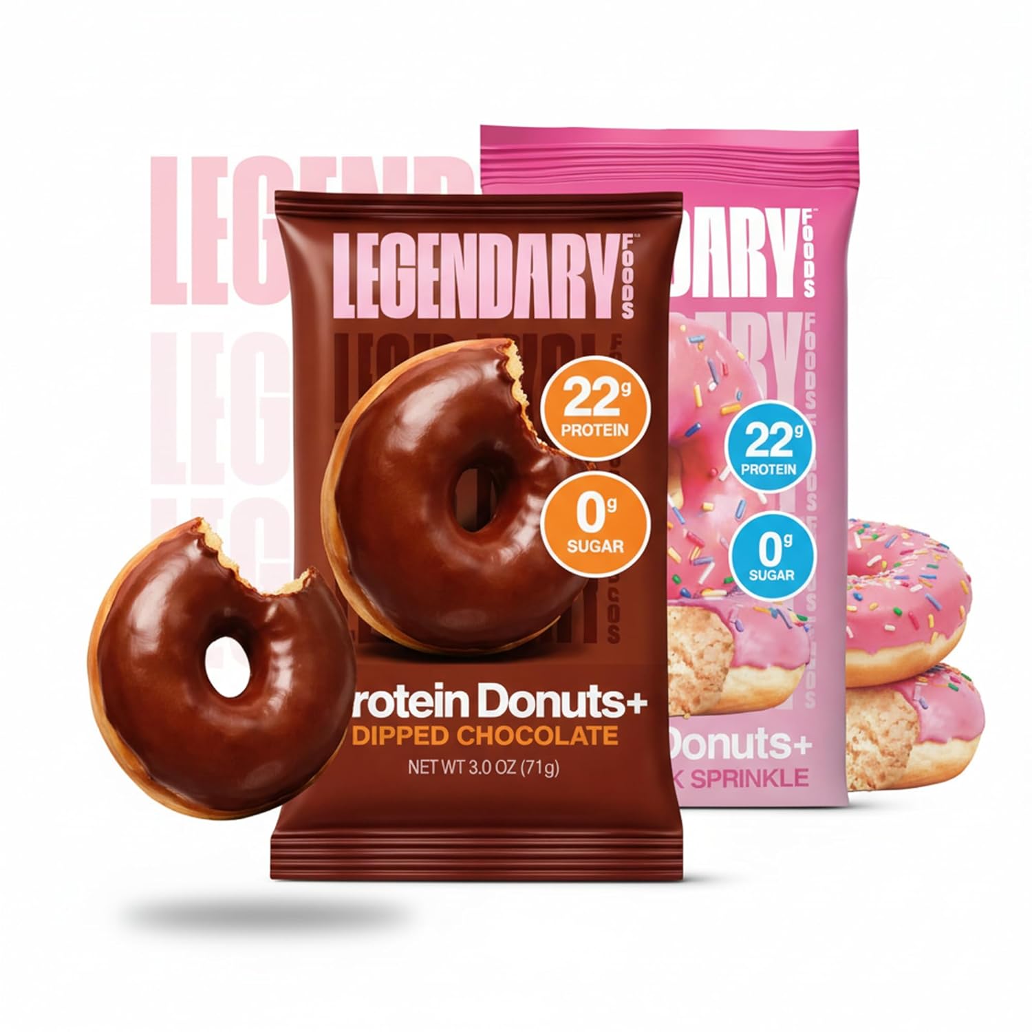 Legendary Foods High Protein Donut Bundle | Dipped Chocolate & Frosted Pink Sprinkle Variety Pack | 22g Protein, 0g Sugar, Low Carb Keto Friendly Snack (2 Flavors)