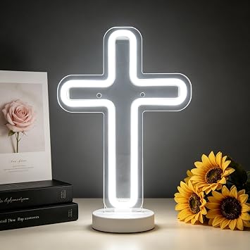 Jesus Cross Neon Sign, Warm White Christian Decoration LED Light Up Sign, USB Powered Dimmable Neon Light, Home Prayer Room Chapel Church Wall Art Decor Gift 7.9 x 5.9In