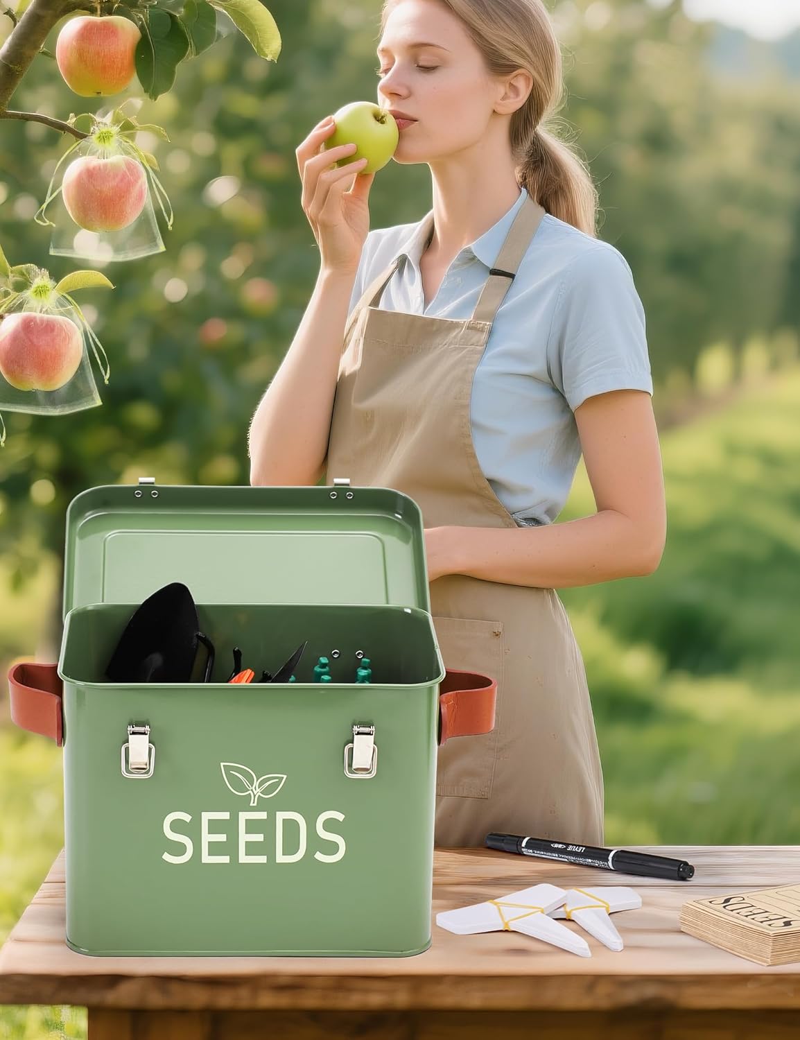 Seed Storage Organizer, Metal Seed Saving Box with Leather Handles and Safety Locks, Seed Packet Container with 10 Fruits Protection Bags, 30 Plant Labels, 20 Seed Envelopes, 1 Marker Pen