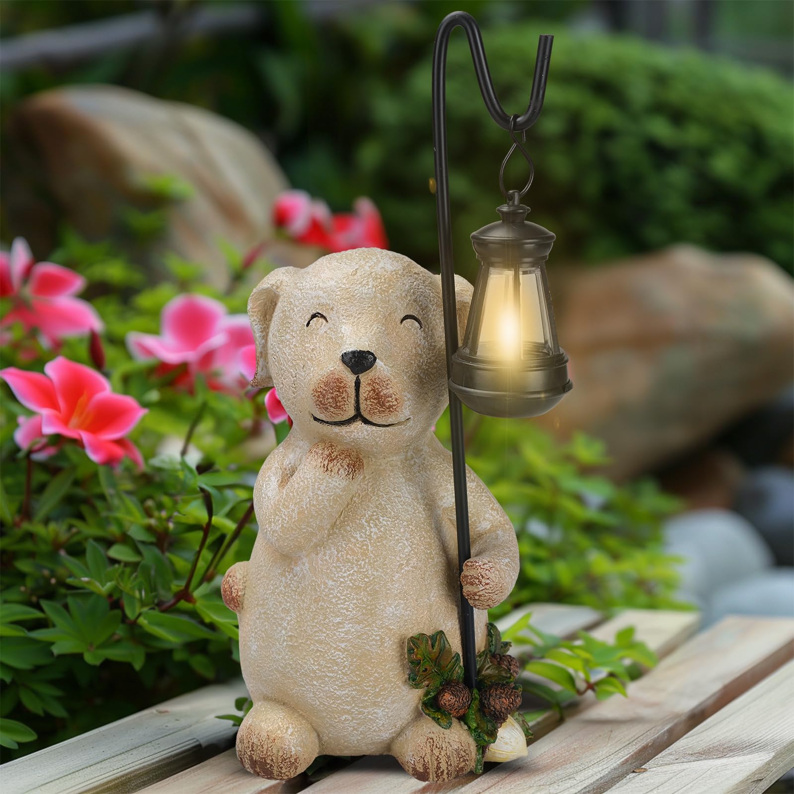 Statue de chien avec lampes solaires de jardin en résine