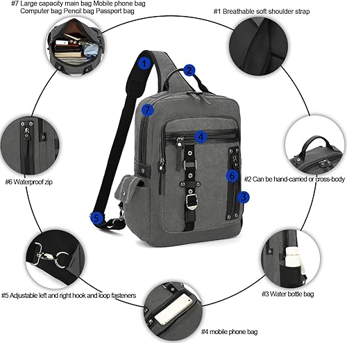 Miniatura 10 de Bolsa de mensajero vintage, mochila de lona para viajes, bolsa de hombro para hombre, bolsa de doble uso para transporte de mano y transporte cruzado