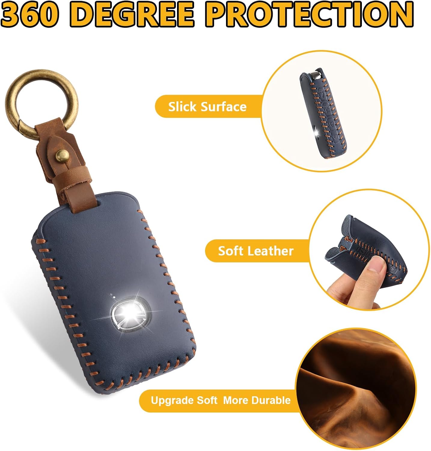 FT FUNTOR for Mazda Key Fob Cover,Leather Key Cover with 4 Buttons,Compatible with Mazda 3/6/3 Hatchback/CX-5/CX-6/CX-9/CX30/CX-50/CX-70/CX-90 with Keychain (Blue-Brown Line)