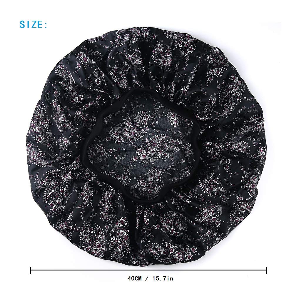 Large Satin Sleep Cap Silk Elastic Night Sleeping Hat Bonnet Nightcap Head Cover with Comfortable Wide Band for Women (FG-1)