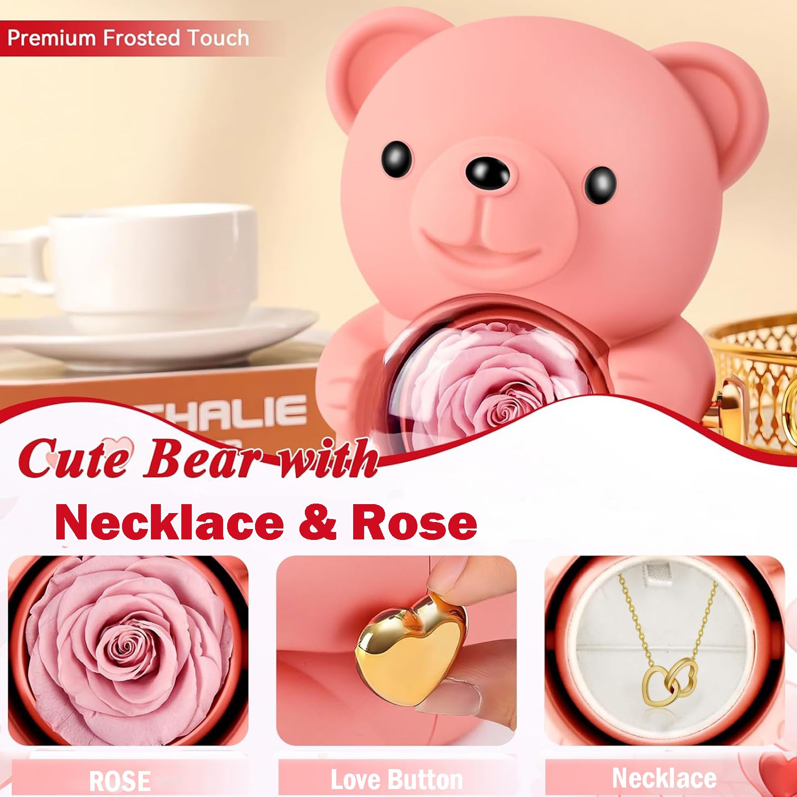 Oso Rosa Preservada con Collar de Corazón, Osito Rosa Eterna Rojo, Regalo San Valentin Mujer, Regalo Mujer Cumpleaños Mama, Aniversario, Originales Oso con Flor Eterna