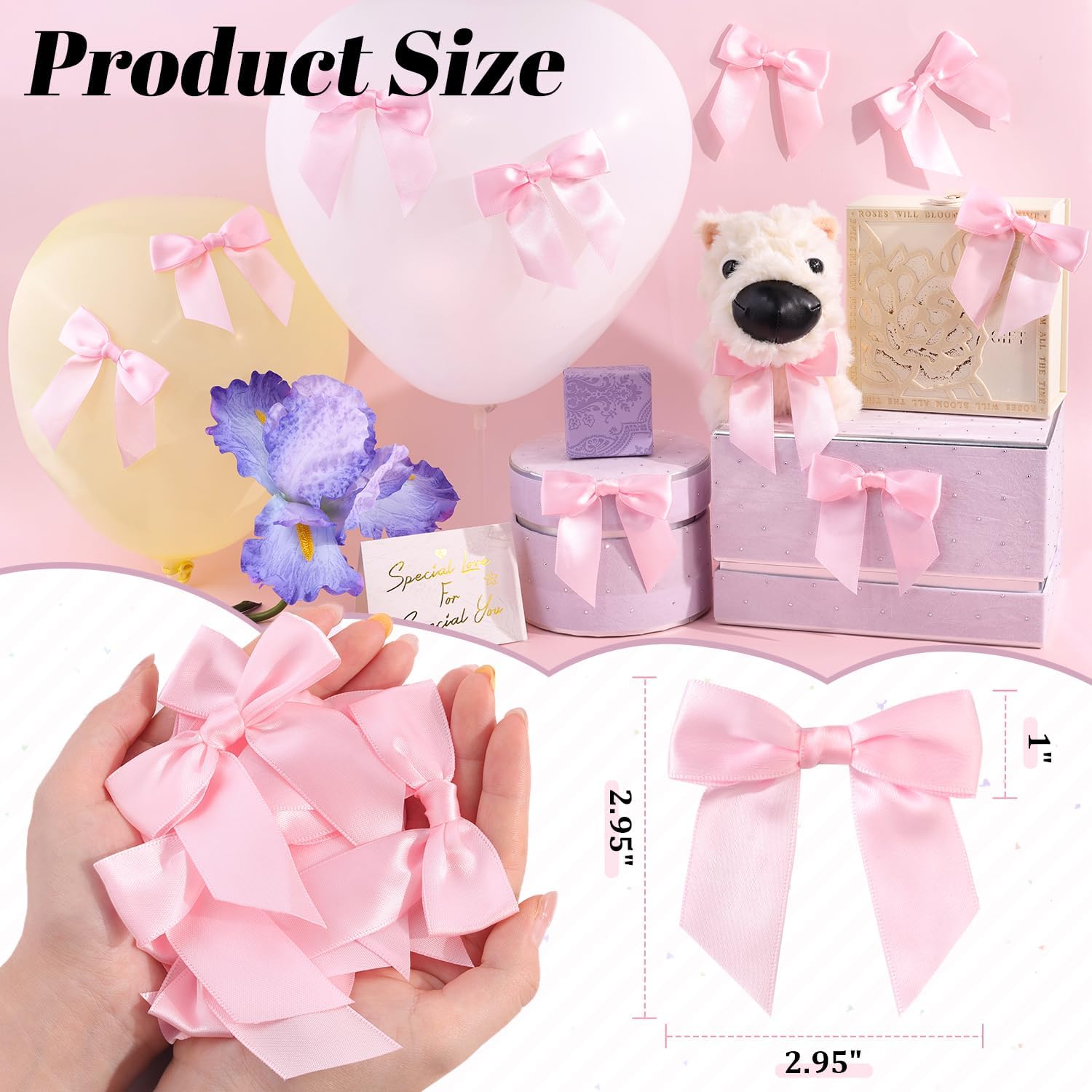 60PCS Tinkrstuff Pink Bows for Crafts, 3" Satin Ribbon Bow for Clothes Ornament, Fabric Bows for Party Decor, Cute Christmas Tree Bows &Thanksgiving Gifts Wrapping Treats Balloons (with Twist Tie) image 2