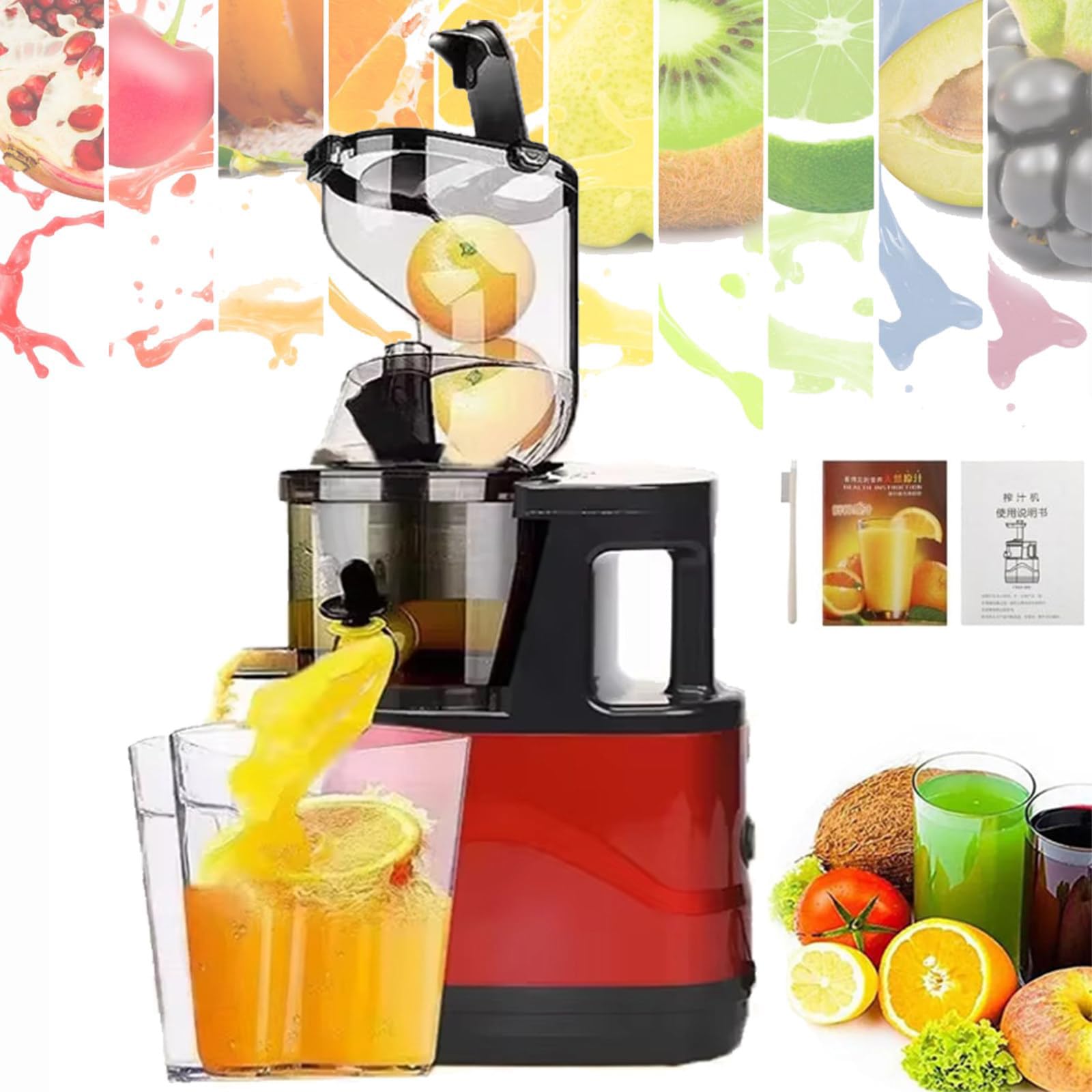 Estrattore di Succo a Freddo Masticatore Automatico 500W Nuovo Design dell'Imbuto Alimentazione con Tecnologia Efficiente Separazione della Polpa Filtrazione senza Tritatura ad Alta Capacità red