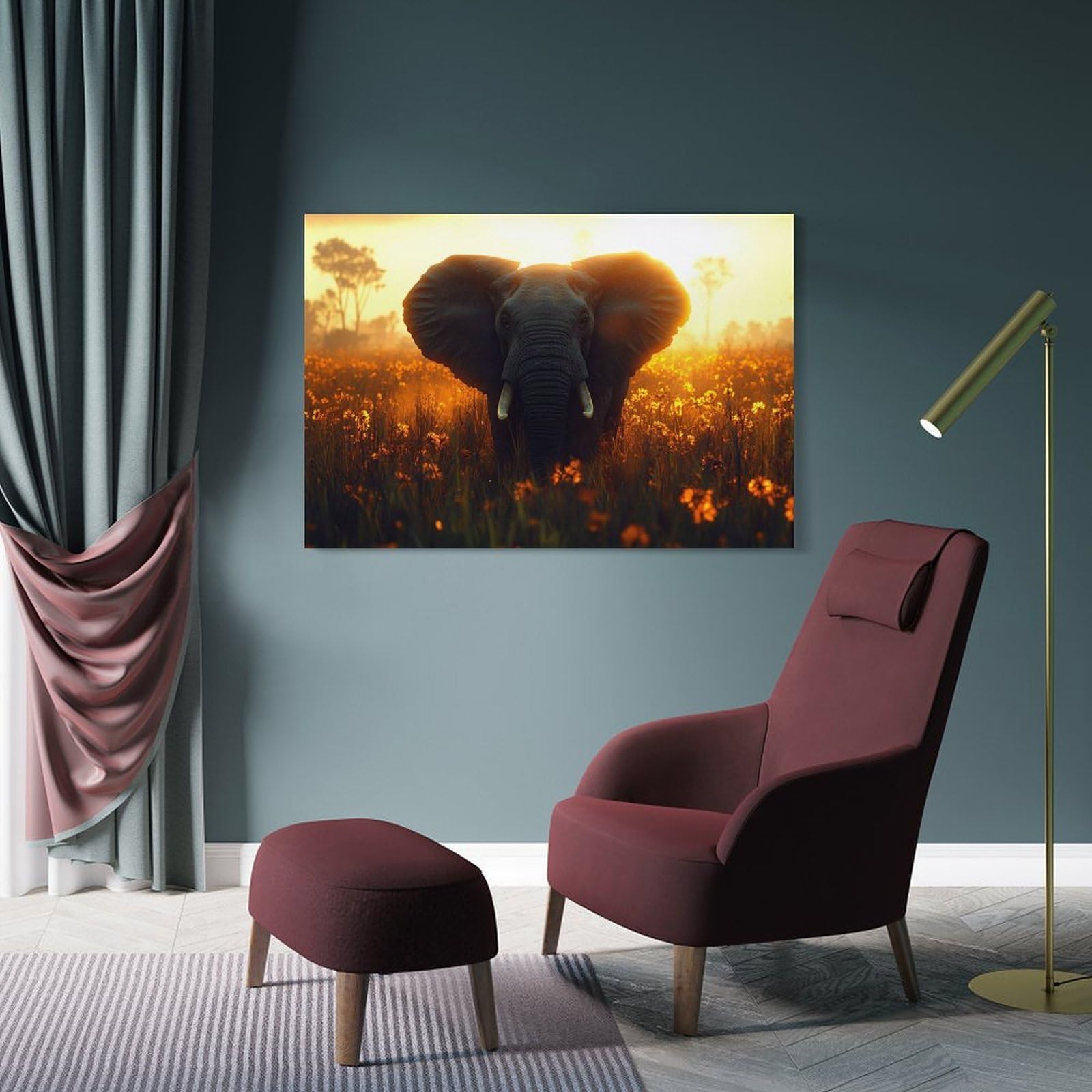 Junmoney Frame-Style-6 Decorative Wall Artwork Elephant In A Field At Sunset, 12X18inch(30X45cm), For New Homes, Bedrooms Or Workspaces, Canvas Artwork With Gifting Potential