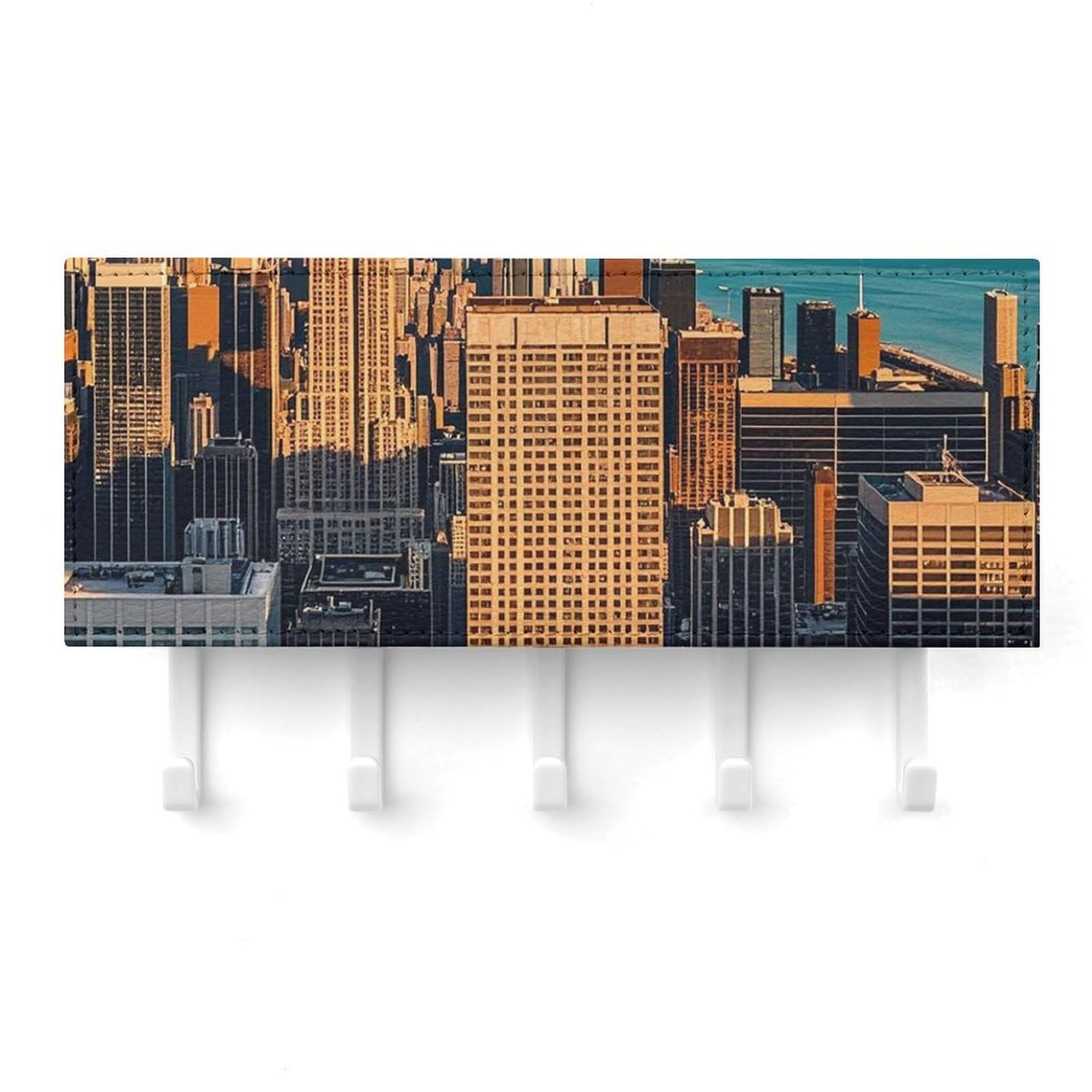 QMNLKH High Rise Buildings Skyscrapers Wall Mounted Key Rack for Home, No Drilling Key Holder with 5 Hooks, Self Adhesive Keys Chain Organizer for Hallway, Keys Hanger Shelf for Office, Doorway White