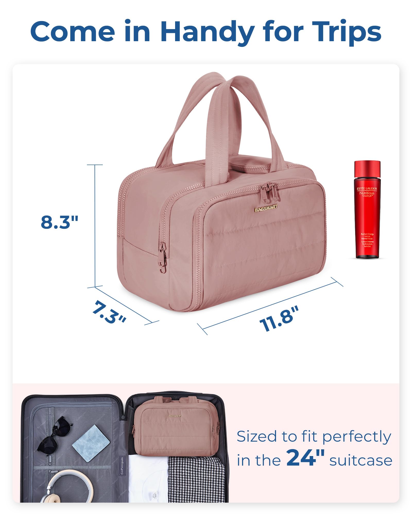 BAGSMART Kosmetyczka podróżna dla kobiet, lekka, duża, szeroko otwarta kosmetyczka z uchwytem do walizki, torby podróżne, akcesoria podróżne, Ciemny róż, Grande, Minimalistyczny
