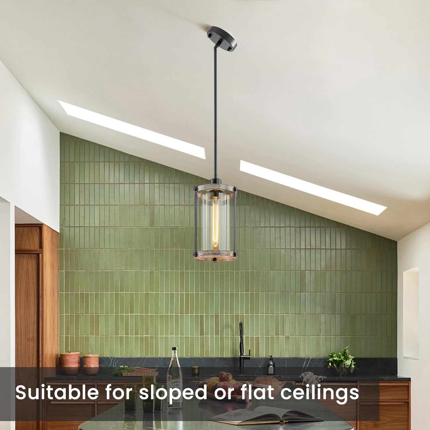 Farmhouse Pendant Lights Kitchen Island with Wood Texture Metal Cage and Clear Glass Shade, Adjustable Hanging Industrial Pendant Light, Kitchen Pendant Lighting for Island Bathroom Over Sink Hallway