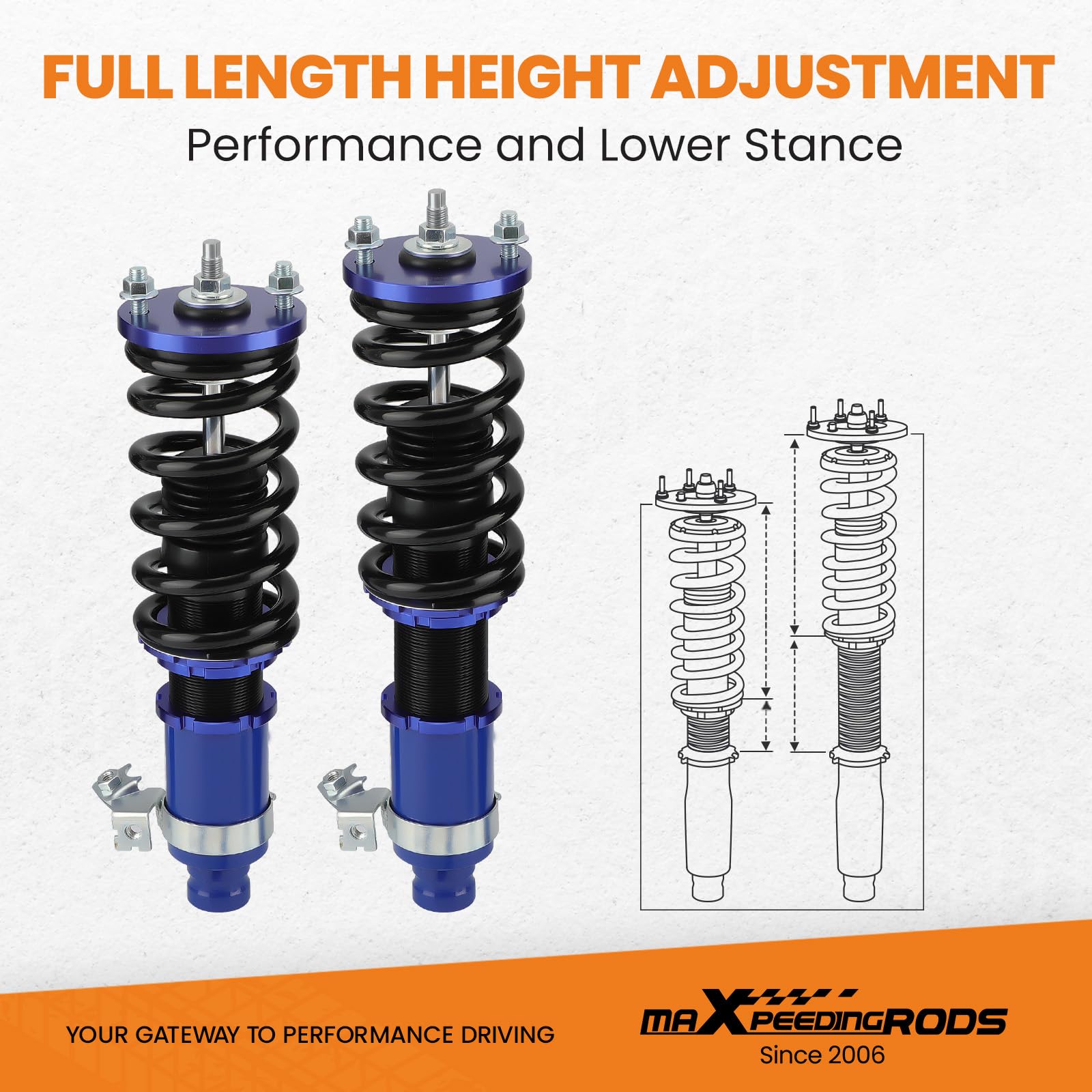 maXpeedingrods 4x Coilover Amortisseur Suspension, Combinés Filetés pour Honda CIVIC CRX ED EG EH EJ EK ED EE EM1, Hauteur réglable, 2 ressorts hélicoïdaux avant et 2 arrière - Bleu