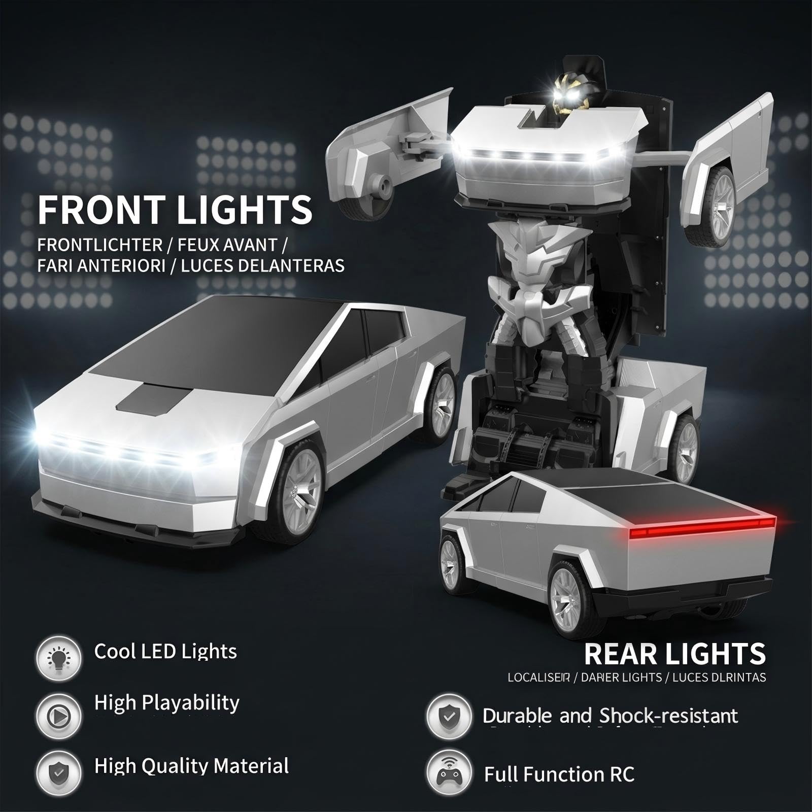 Coche Teledirigido 2-en-1 Transformable Robot – Deformación Automática, Rotación 360° Deriva, Tecnología 2.4G Hz Multijugador, Efectos Luminosos, Recargable