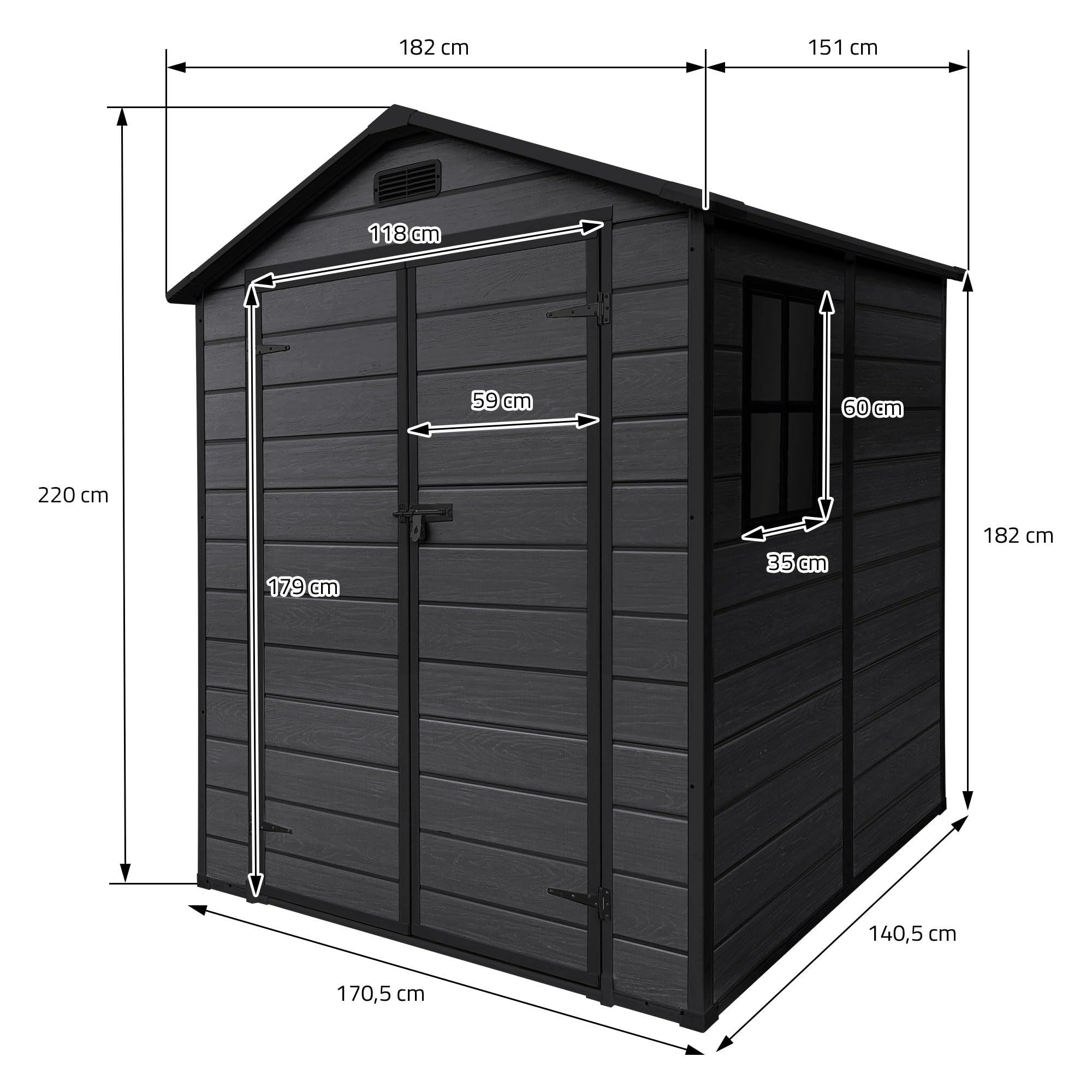 ECD Germany Szopa ogrodowa odporna na warunki atmosferyczne 5m³ szopa ogrodowa plastikowa z podloga dachem dwuspadowym 151 x 182 x 220 cm Ciemnoszary okno drzwi podwójne wentylacja zewnetrzna