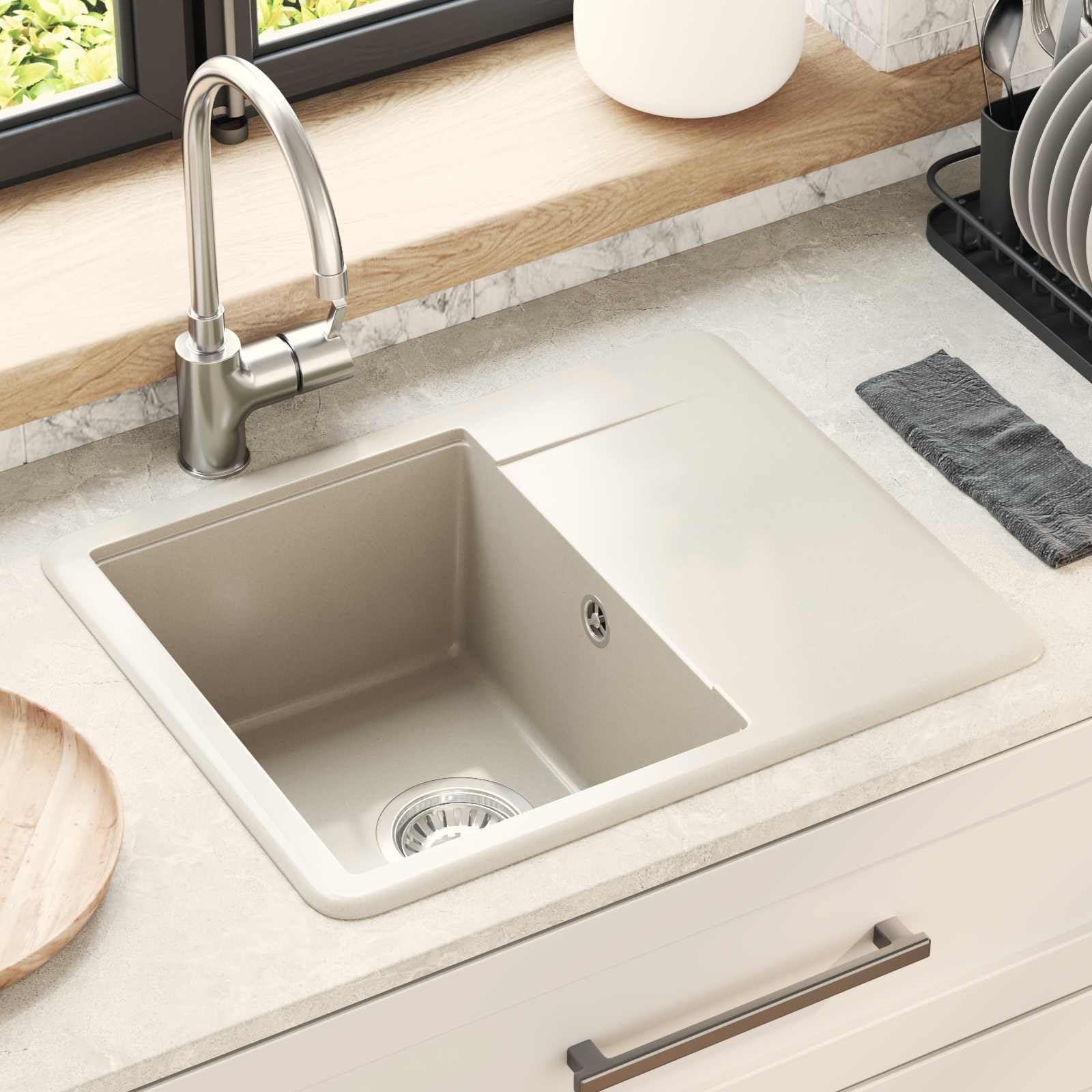 Lavabo Beige 560 x 460 mm de 80% cuarzo y 20% resina de granito Fregadero de cocina empotrable con juego de accesorios y filtro de desagüe, resistente al calor, resistente a los arañazos