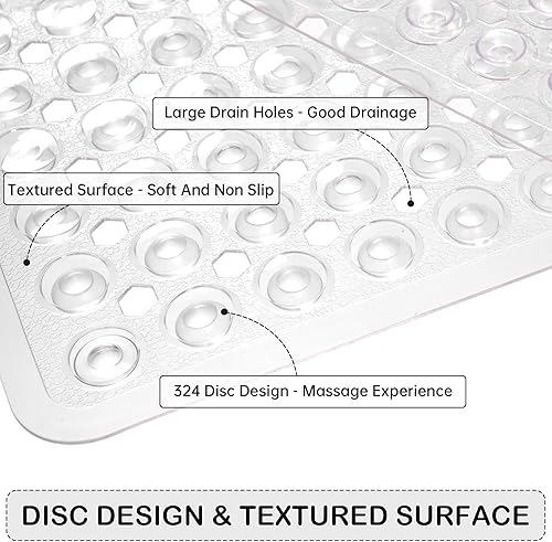 Miniatura 2 de Linoows Tapetes antideslizantes para bañera y ducha, tapete de baño de agarre eléctrico de 35 x 16.3 pulgadas con ventosas y agujeros de drenaje