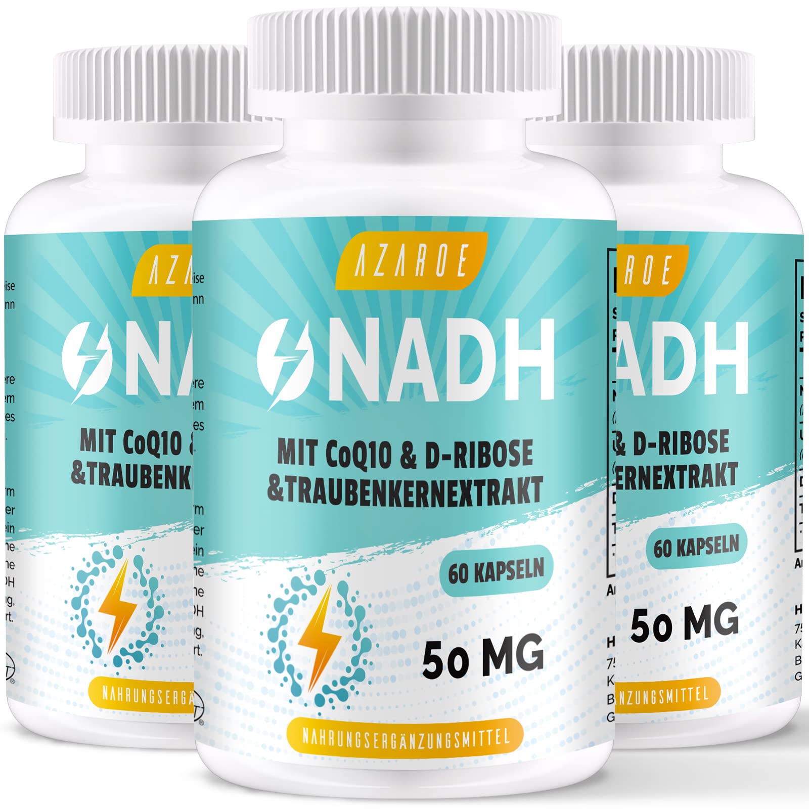 NADH 50mg, Hochdosiert Zusammengesetzte Formel mit Coenzyme Q10, ATP-Produktion, 60 Kapseln