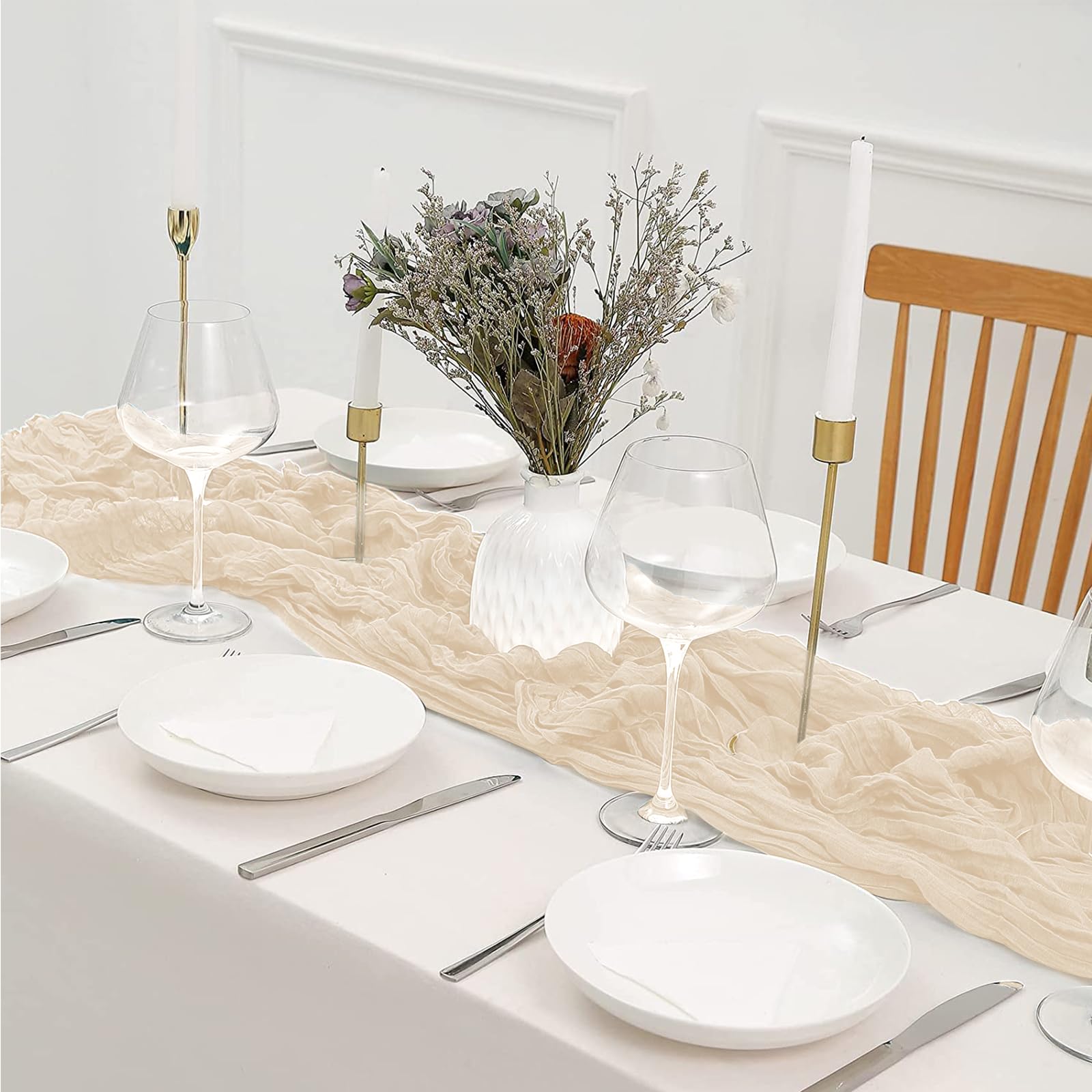 Tischläufer Baumwollgaze 90x400 Cm - Beige, Boho-Stil, Für Hochzeiten, Partys & Deko