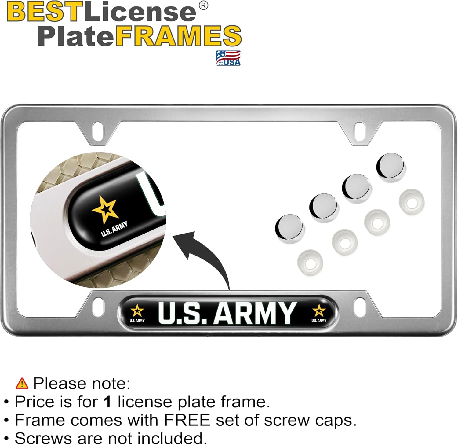 [Officially Licensed Product] - USA Patriotic Anodized Aluminum Thin Top | Narrow Top Car License Plate Frame U.S. Army with Star Logo - Domed Insert with Free caps - Silver