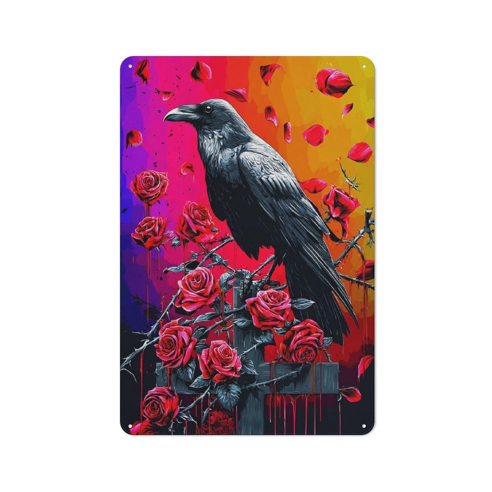 Junmoney Crow And Roses A Gothic Fusion Tin Sign 30X20cm For Café Or Home Bar, Retro Wall Decor, For Garage, Workshop And Man Cave Decoration