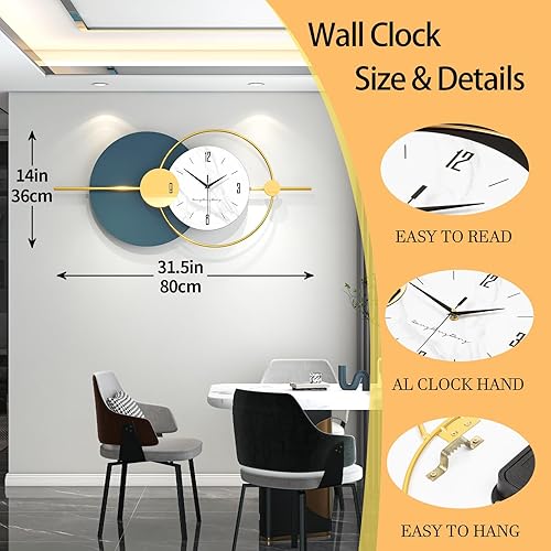 Miniatura 4 de FLEBLE Reloj de pared moderno decorativo para decoración de sala de estar, reloj de pared redondo de metal, funciona con pilas, silencioso, sin