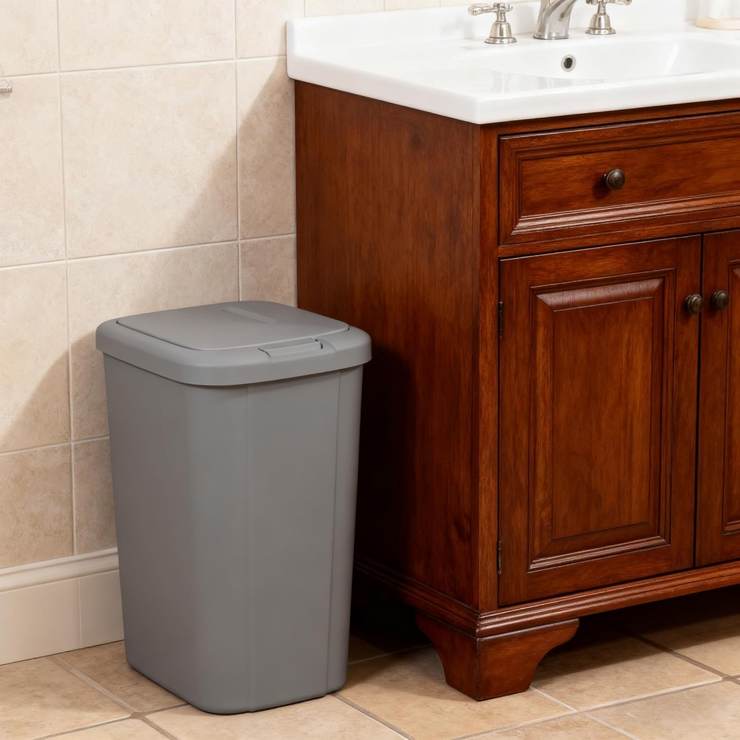 13.3 Gallon Trash Can, Plastic Touch Top Kitchen Trash Can, Grey