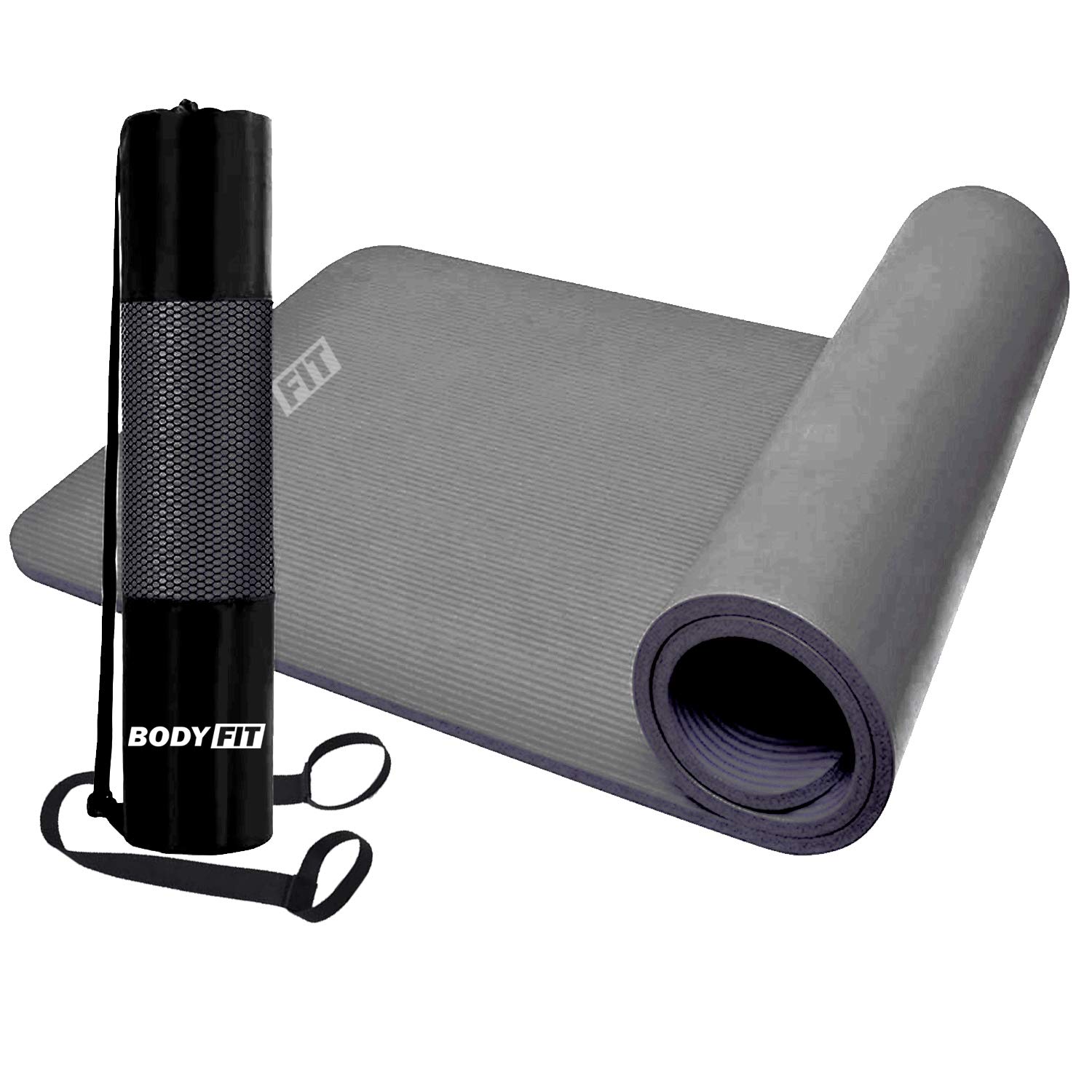 BODYFIT Yoga Mat 1.5cm Exercise Gym Mats Extra Thick 15mm, with Black Carry Bag & Sling Strap, Grey