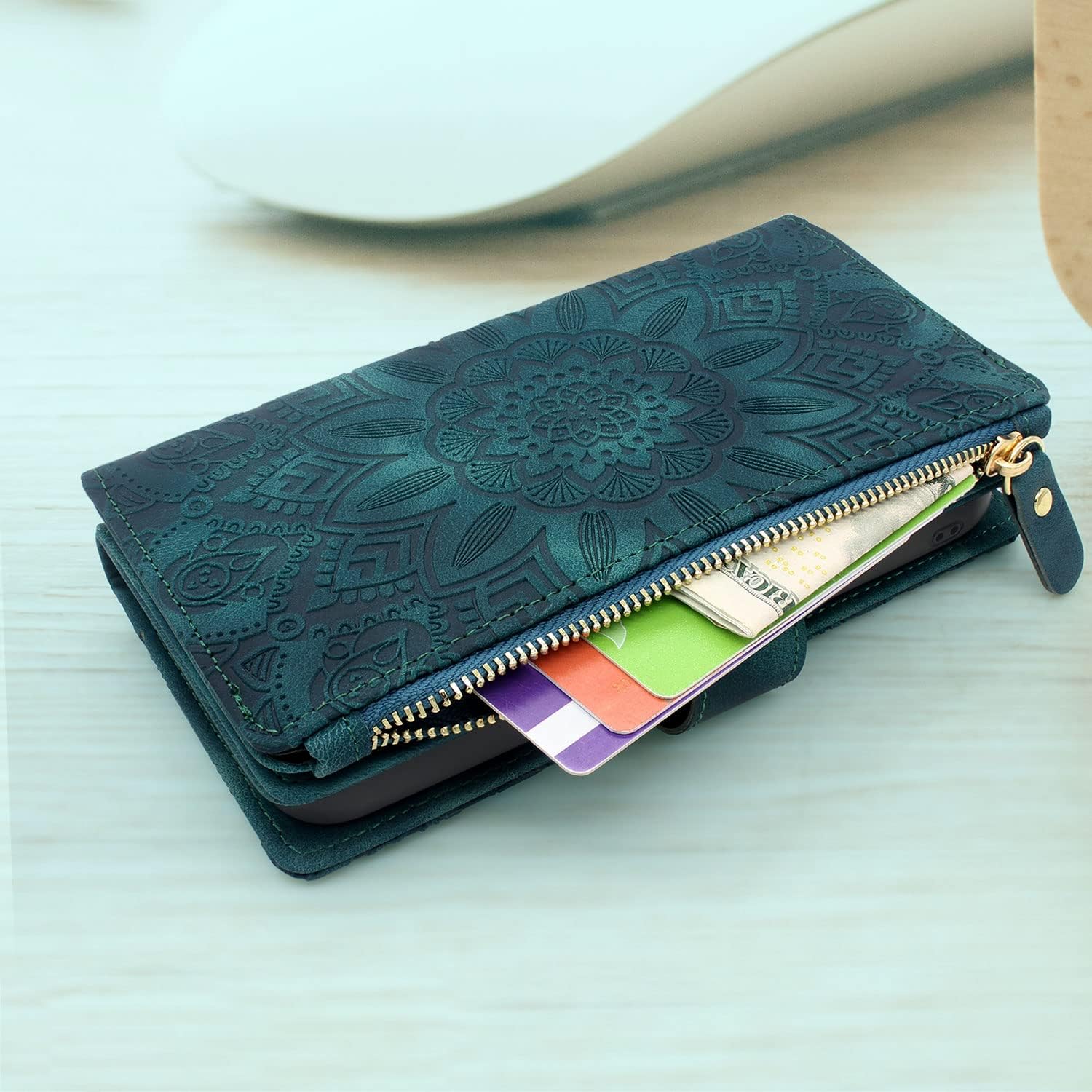 Harryshell Compatible with Samsung Galaxy A23 4G / 5G Wallet Case with Detachable Magnetic Phone Cover Zipper Cash Pocket Multi Card Slots Holder Wrist Strap Lanyard (Floral Teal)