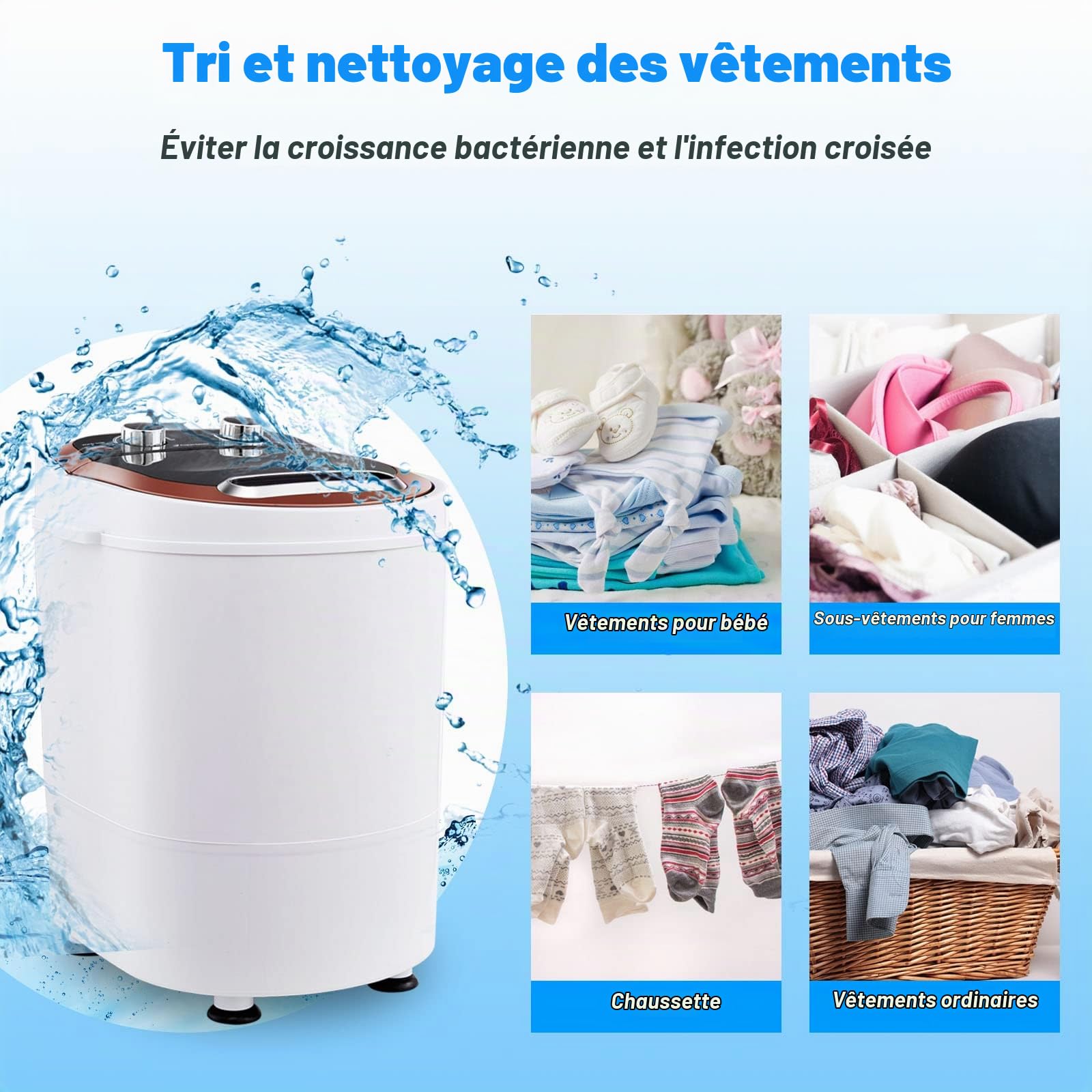 TUKAILAI Mini Machine à Laver Portable avec Essorage, Puissance de 240W 220V, Capacité 3KG de Linge et Essorage 1,5 KG, Petite Laveuse Idéal pour Voyages Caravanes et Camping-cars Appartement