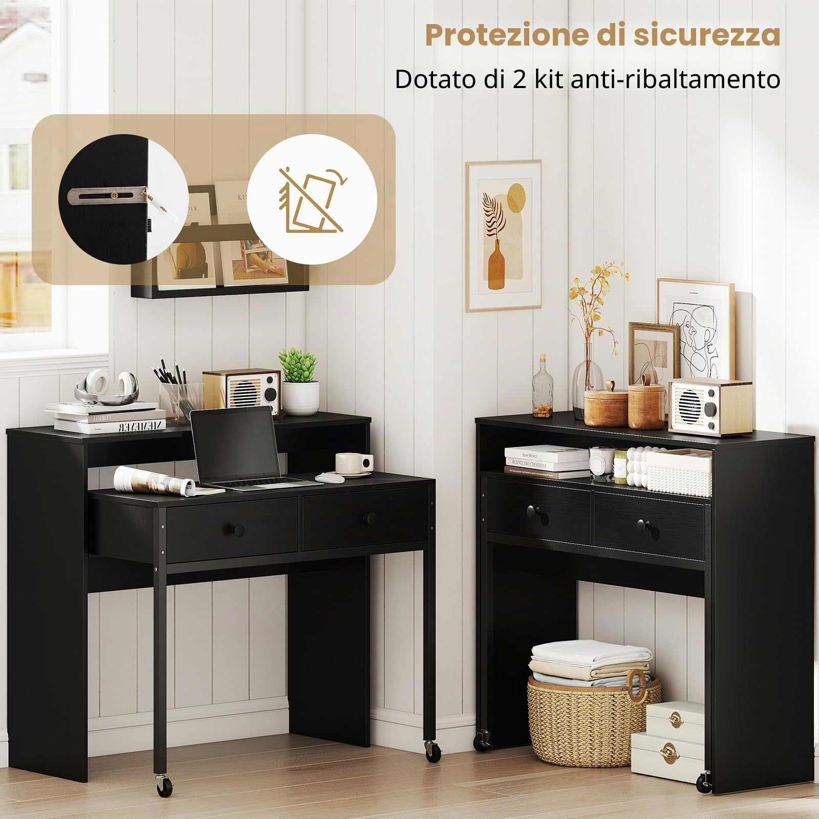 LIFEZEAL Scrivania per computer estensibile, tavolo portaoggetti con cassetti e ruote, tavolino salvaspazio per ufficio a casa, soggiorno, camera da letto