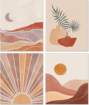 JWVK Boho Abstract Sunshine Diamond Art Kits 4 Pack, Mid Century Modern Minimalist Desert Landscape DIY Diamond Gem Painting Art Kits for Kids Adults Beginners, Boho Home Room Decor 10x11.8 Inch