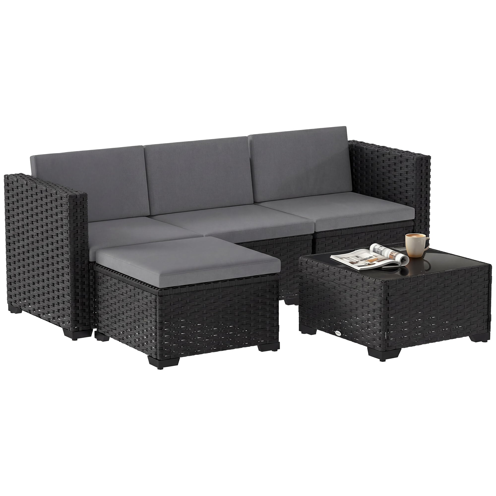 Outsunny Set Salotto da Giardino in Rattan 5 Pezzi, Set di Mobili da Giardino ad L con 3 Sedie Singole, Poggiapiedi, Tavolino in Vetro Temperato, Cuscini, Salottino da Esterno Patio, Grigio/Nero