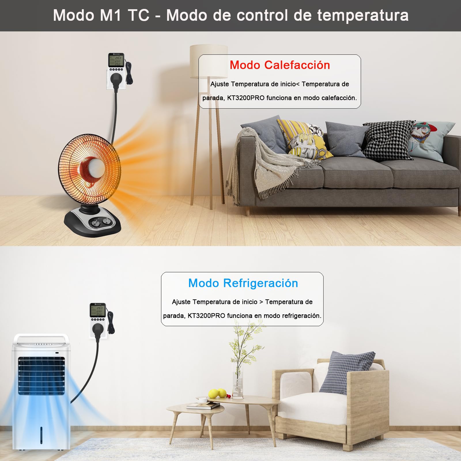 KETOTEK Digital Termostato Enchufe Dia Noche Controlador de Temperatura con Sonda, Enchufe Termostato Temporizador para Reptil Terrario Invernadero Refrigerador 220V, Blanco