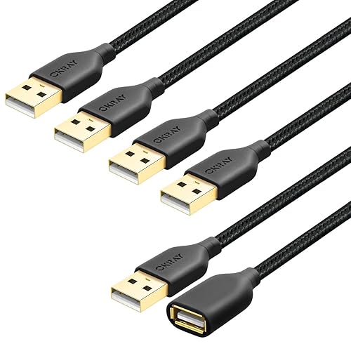 OKRAY - Paquete de 5 cables extensores USB 2.0 trenzados de 6 pies tipo A, macho a hembra, cable extensor de transferencia de datos con conector