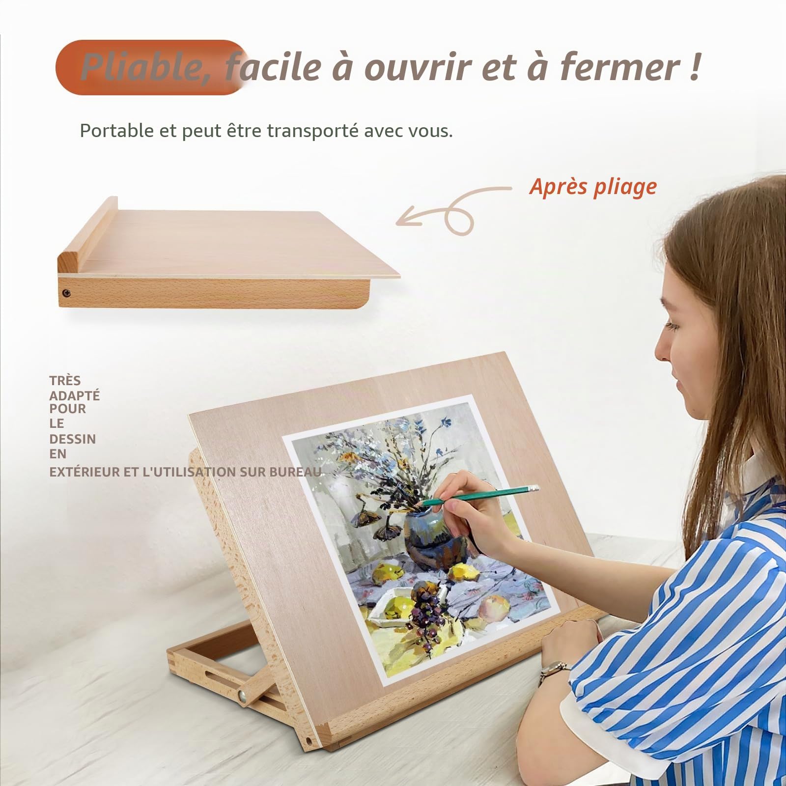 Chevalet de dessin pour artistes, format A3, en bois de hêtre massif, pour bureau, 42,9 x 32 x 6 cm, angle réglable, pliable, pour artistes, débutants, étudiants