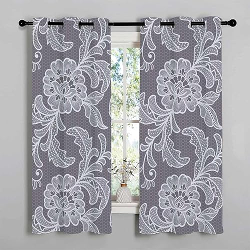 Cortinas para Cocina Vintage Grey Floral Grommet Short Slider Curtains for Sliding Glass Doors Cortinas para Ventanas De Cuarto 63Inch Width by