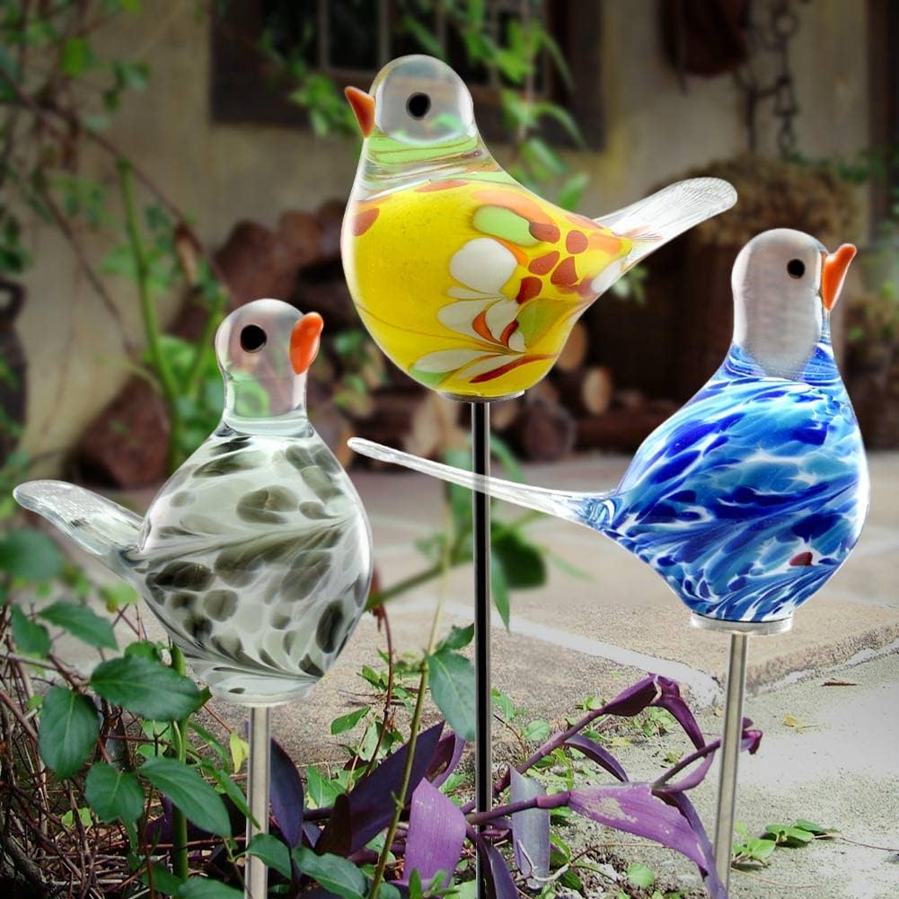 American Made Hand Blown Glass Bird Sculpture and Garden Stake (Tranquil Grey Swirl)